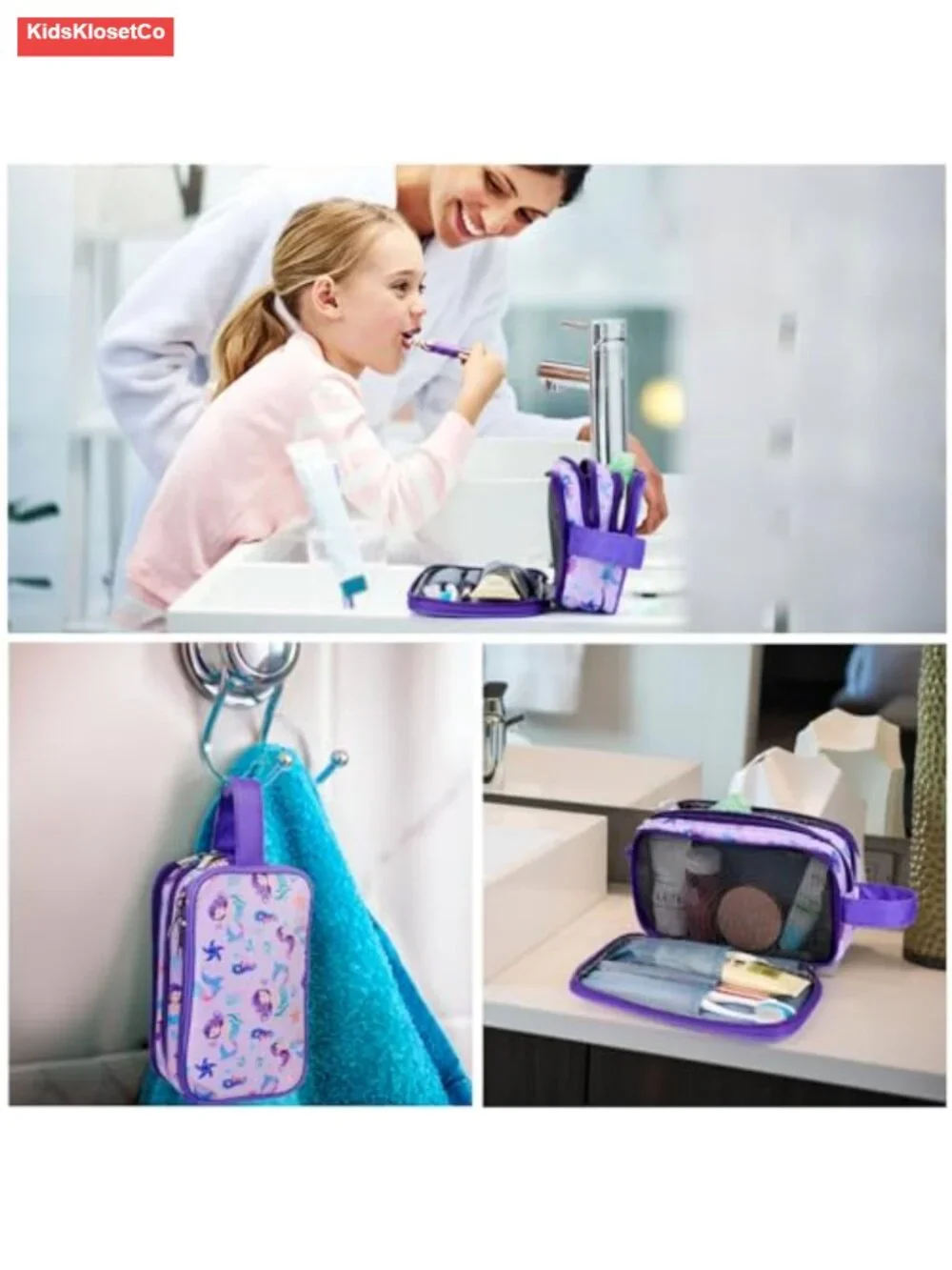 Kids Toiletry Travel Bag with Hanging Hook Waterproof Polyester Cosmetic Case